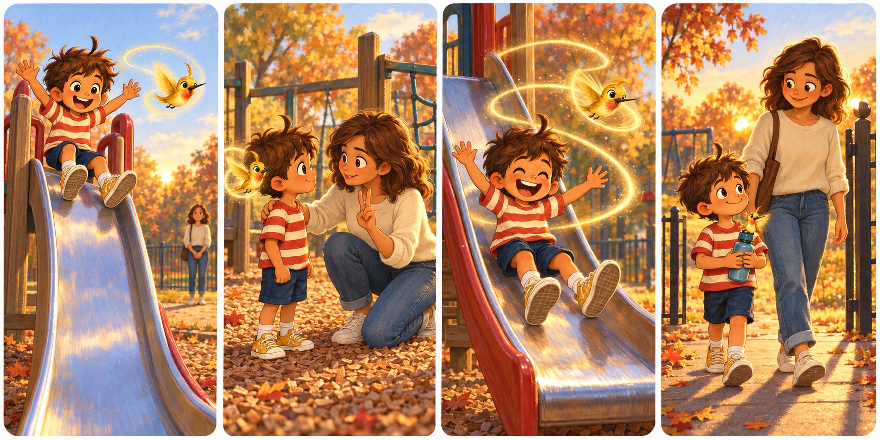 A four-panel Finn & Zip comic set at a playground in late-afternoon autumn light. One: Finn is at the top of the slide with his arms up, completely lost in play, while Zip the golden hummingbird streaks beside him and a grown-up watches from the fence far behind. Two: the grown-up kneels down on the wood chips at Finn's eye level, one hand on his shoulder and two fingers held up, and Finn has stopped and is looking right at them, with Zip hovering close by. Three: Finn whooshes down the slide one last time, grinning, hair flying, as Zip loops around the slide. Four: Finn walks toward the gate beside the grown-up, proudly carrying the water bottle in both hands with Zip perched on the cap, the sun setting behind them.