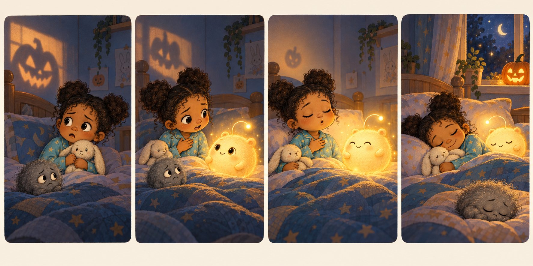 A four-panel Mira & Lumo comic on Halloween night. One: Mira, in star-print teal pajamas, sits up in bed hugging her cream bunny with worried eyes, staring at a big spooky jack-o&rsquo;-lantern shadow on the wall while a small gray fuzzy Whisper Worry hunches on the quilt. Two: Lumo, the round glowing golden friend, has arrived beside her; Mira rests a hand on her chest and whispers to him while the Whisper Worry listens. Three: Mira closes her eyes and takes a big slow breath with Lumo glowing beside her, and the pumpkin shadow on the wall has shrunk to a small faint shape. Four: Mira sleeps with a smile, cuddling her bunny, with Lumo glowing softly at her pillow, the Whisper Worry curled up asleep at the foot of the bed, and a friendly little jack-o&rsquo;-lantern glowing on the moonlit windowsill.