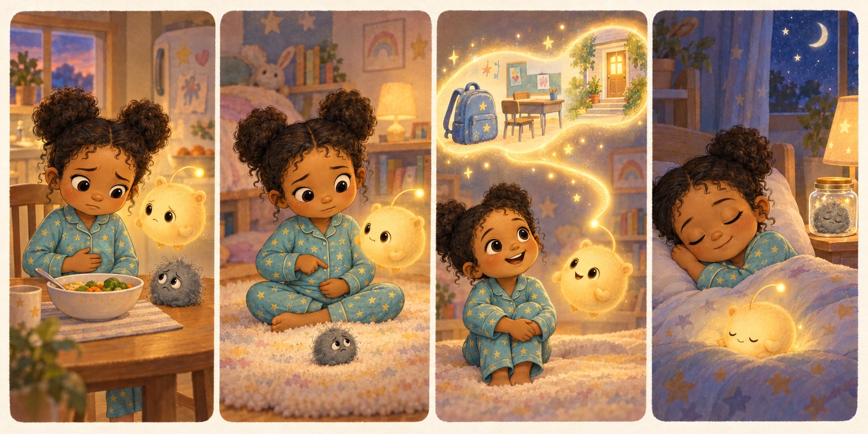A four-panel Mira & Lumo comic. One: Sunday supper, and Mira slumps over an untouched bowl with one hand pressed to her tummy while a small grey Whisper Worry sits on the table edge and Lumo, a little glowing golden friend, hovers close. Two: on her bedroom rug, Mira points to her own middle to show Lumo exactly where the tight feeling lives, and the Whisper Worry looks smaller. Three: Mira and Lumo look up at a ribbon of golden light showing tomorrow in order &mdash; backpack, classroom desk, and at the far end a front door with warm light spilling out. Four: Mira asleep and peaceful, the tiny Whisper Worry curled up asleep in a jar on the nightstand, Lumo dimmed to a nightlight.
