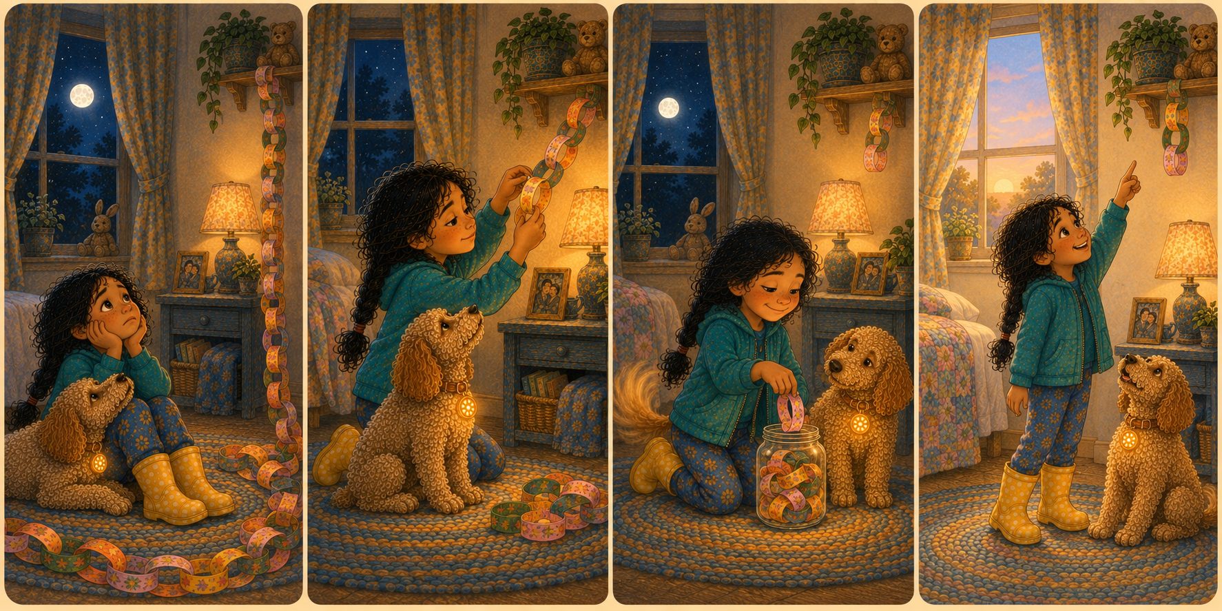 A four-panel Wren & Scout comic. One: at night, Wren sits on her bedroom rug hugging her knees, chin in her hands, gazing up at a long paper countdown chain that hangs from a shelf all the way to the floor, while Scout, the curly golden dog with the glowing brass tag, leans against her. Two: by lamplight she stands and carefully loops a fresh paper ring onto the chain as Scout sits and watches. Three: at bedtime she kneels on the rug with a small smile, dropping one torn-off ring into a glass jar full of used rings, Scout beside her with his tail wagging. Four: morning sun fills the window; the chain is now short, only a few rings left under the shelf, and Wren points up at it with a hopeful grin while Scout looks up with her.