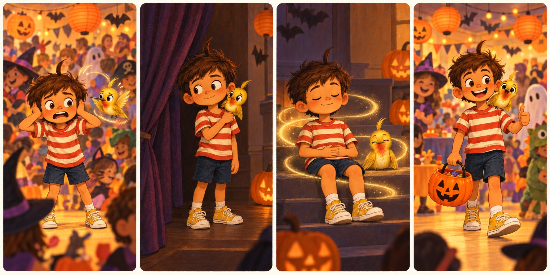 A four-panel Finn & Zip comic at a Halloween party. One: in a crowded, noisy room of costumed kids under orange paper lanterns, Finn stands with both hands pressed over his ears and wide, overwhelmed eyes while Zip, the little golden hummingbird, hovers worriedly beside him. Two: Finn slips behind a purple curtain into a quiet nook with Zip perched on his shoulder, a hand resting on his shoulder as his secret signal. Three: Finn sits on a low step with his eyes closed and hands on his belly, taking a slow breath, while Zip sits beside him and a gentle golden swirl surrounds them. Four: back at the party, Finn grins and gives a thumbs-up, carrying a jack-o&rsquo;-lantern candy bucket with Zip happily on his shoulder.